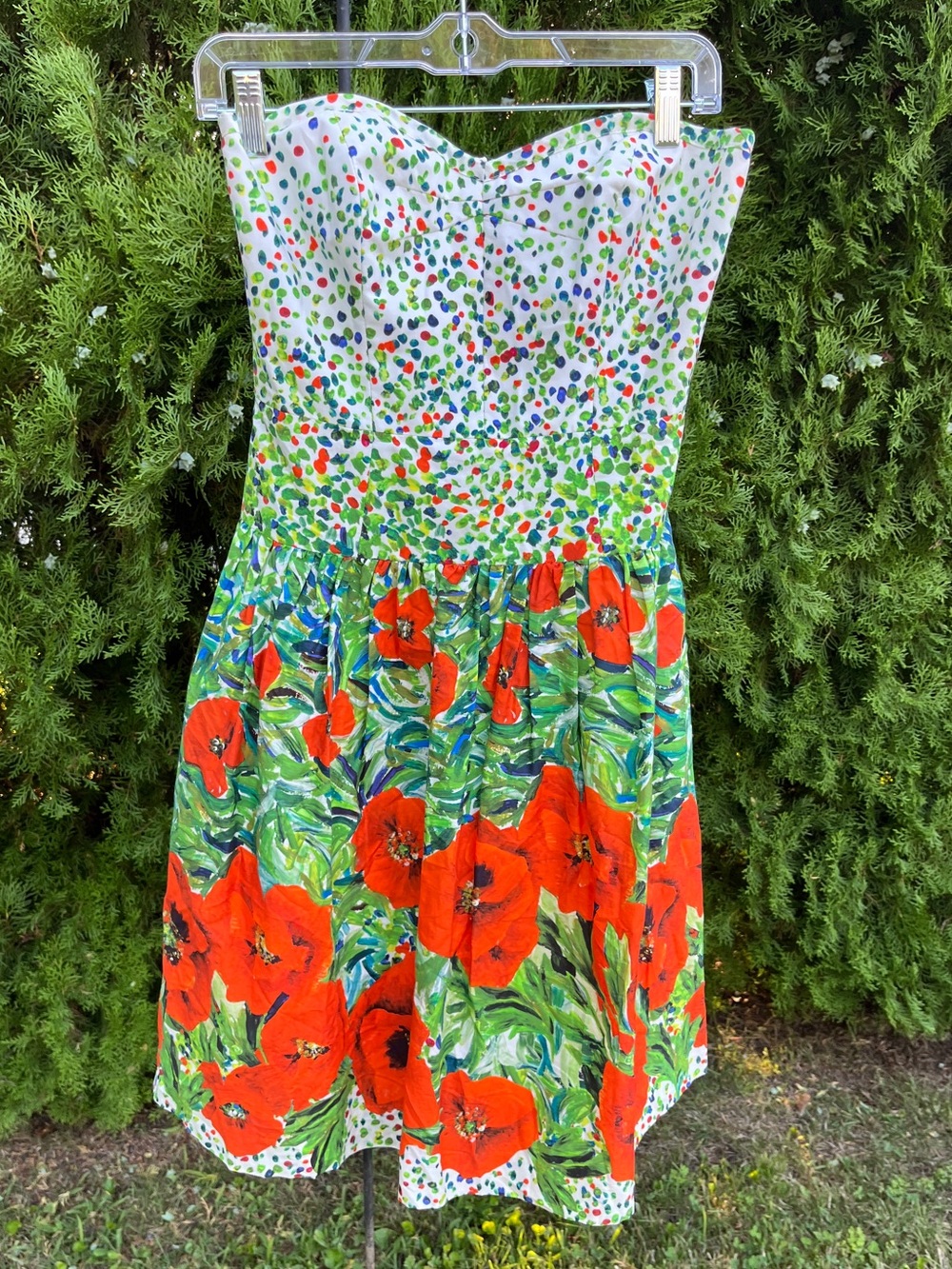 Milly of New York Adorable White Strapless Dress with Orangey Red Poppy Print